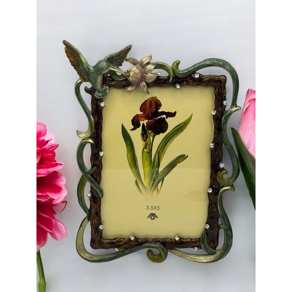 Set of 2 Vintage Style Ornate Enamel Hummingbird Flower Photo Frame 3.5x5 & 2x2 - Picture 9 of 12